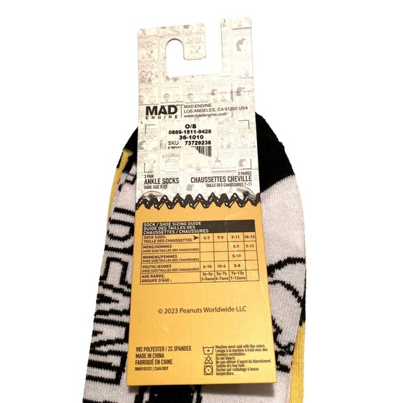 Peanuts Snoopy Socks White Yellow Black Mens Ankle Socks 3 Pck Novelty Funny New - Picture 8 of 10